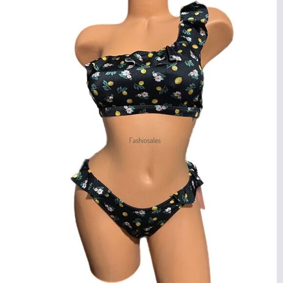 Victoria’s Secret Swim Ruffle One-Shoulder Bikini Top & bottom set Black Lemon - Picture 10 of 13